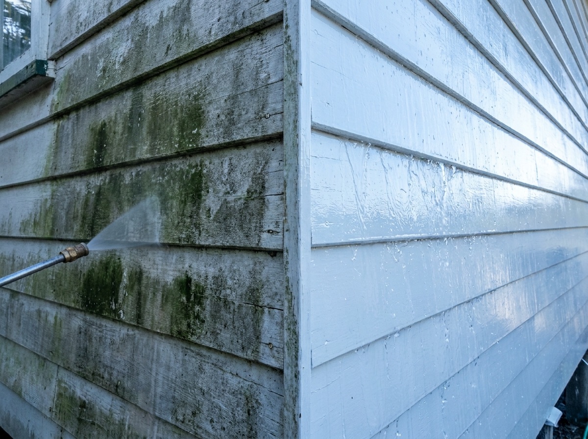 A weatherboard wall partway through being washed down