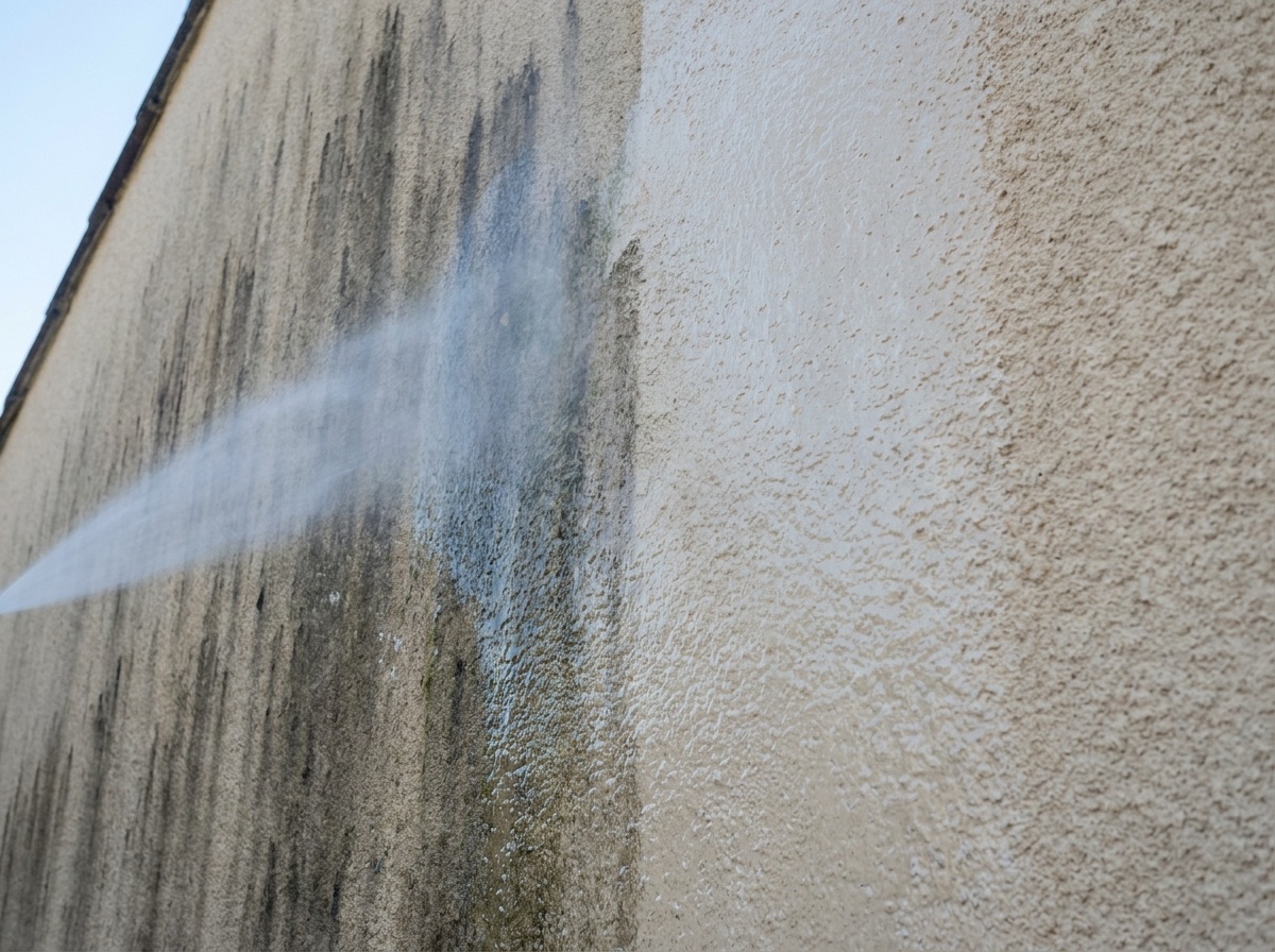 A rendered exterior wall half washed clean