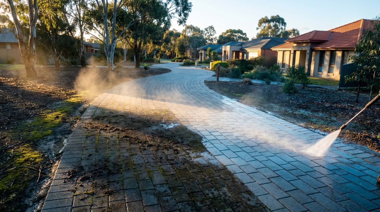 A paved driveway being washed down beside a suburban home