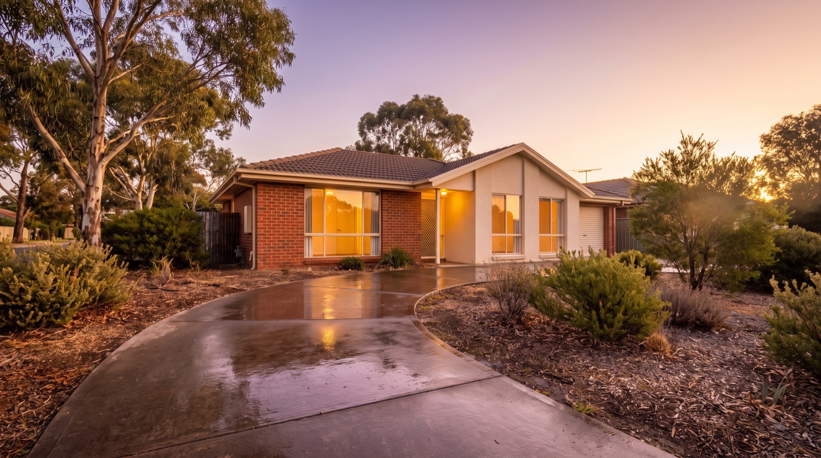 A brick and render home at golden hour with a freshly washed driveway