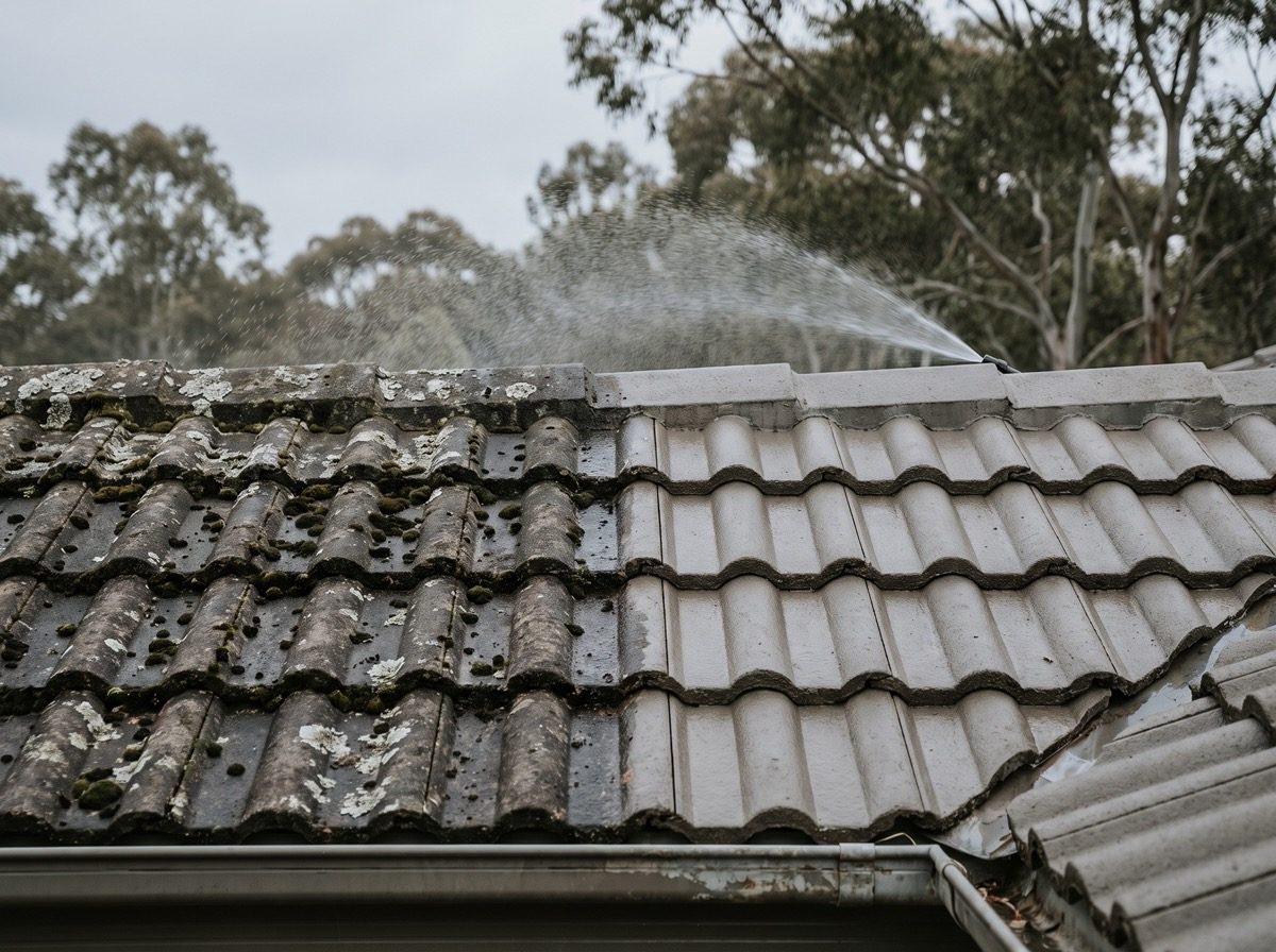 A tile roof being washed clear of moss
