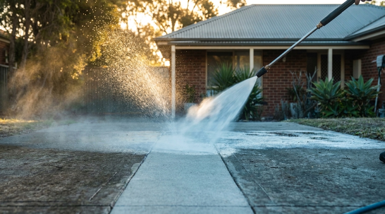 A brick home with its driveway being washed down in the early morning