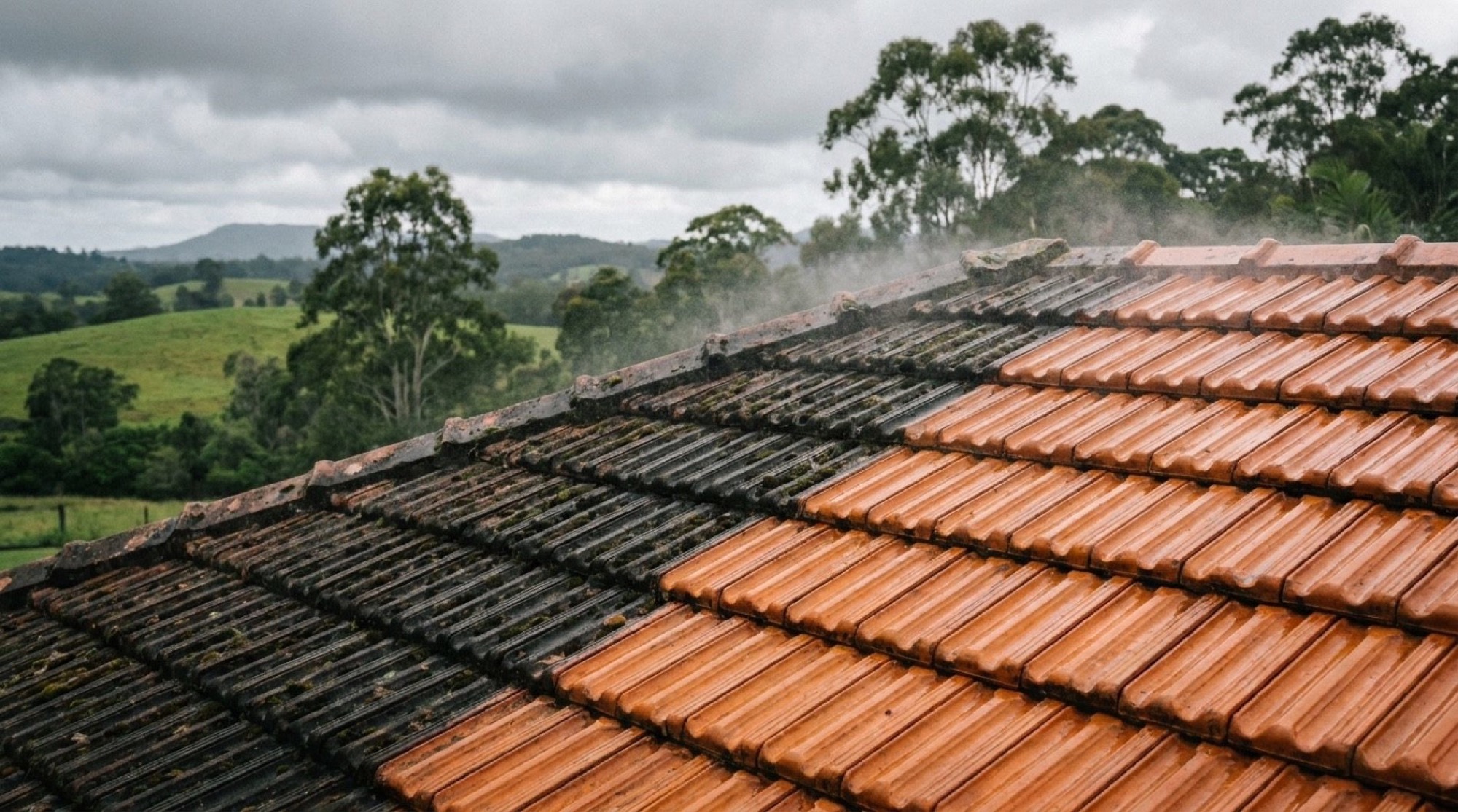 A tile roof partway through being washed, with hills behind