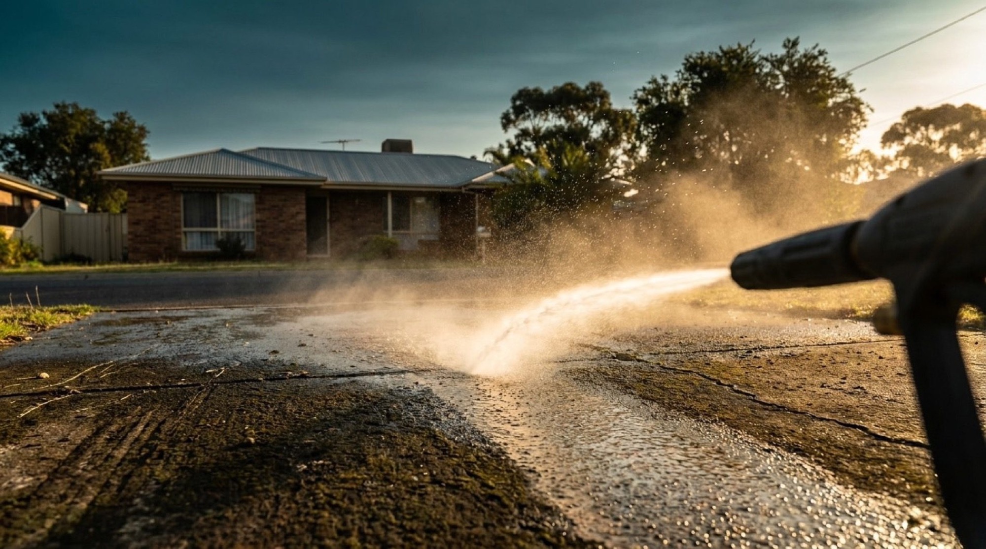 A surface being washed down in low evening light