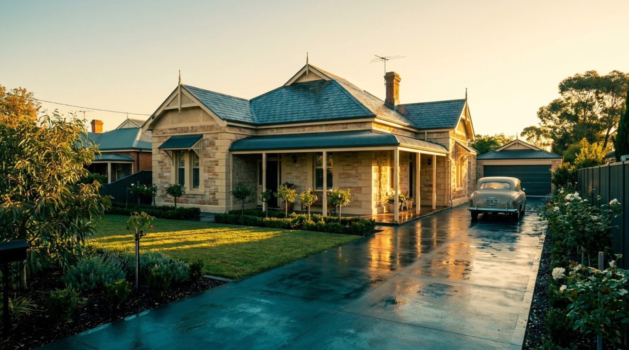 A heritage home at dusk with a freshly washed driveway