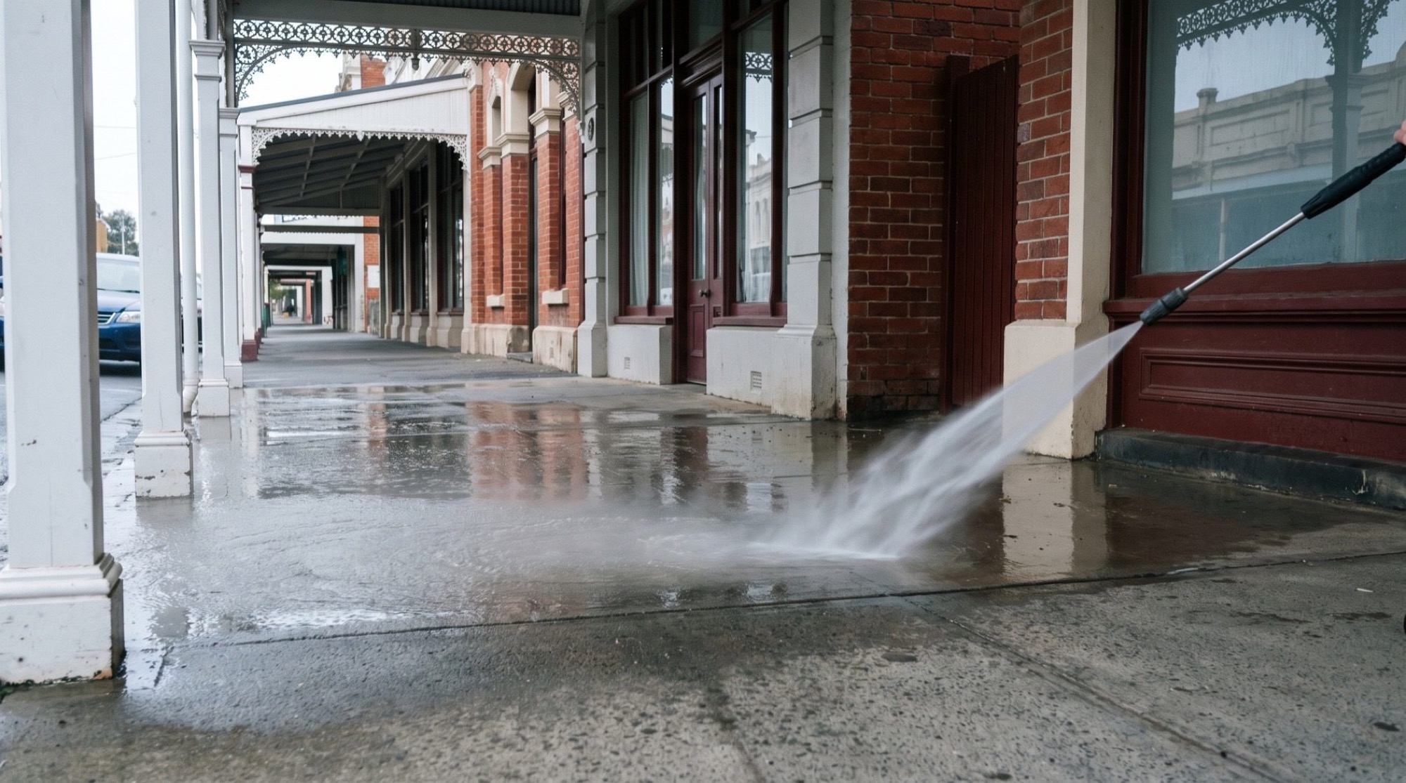 A shopfront verandah and footpath being washed down
