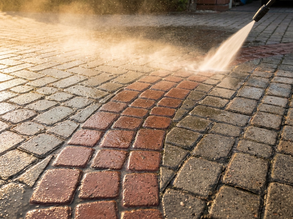 A brick paver driveway being washed down with a pressure washer