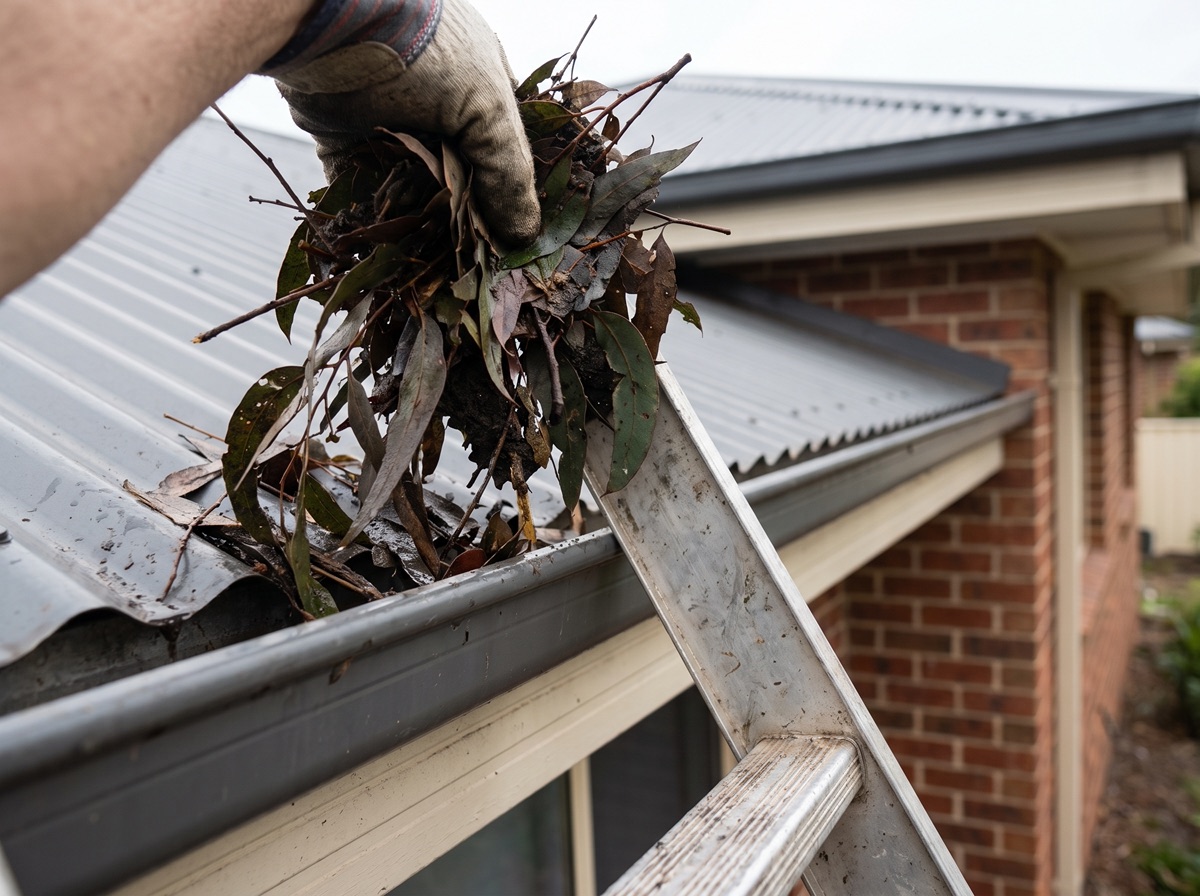 A gloved hand lifting wet leaves out of a steel roof gutter