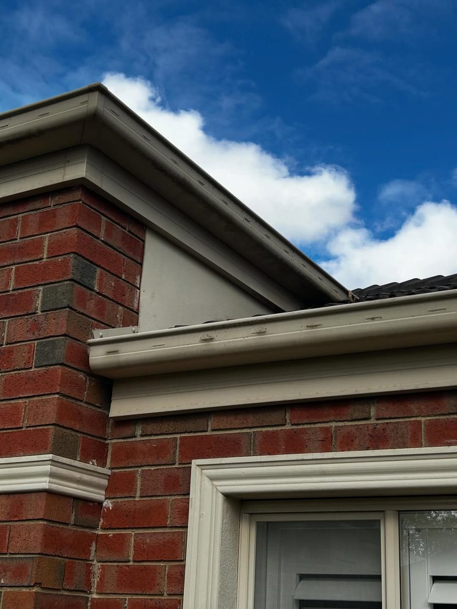 A steel roof gutter running along the fascia of a brick home