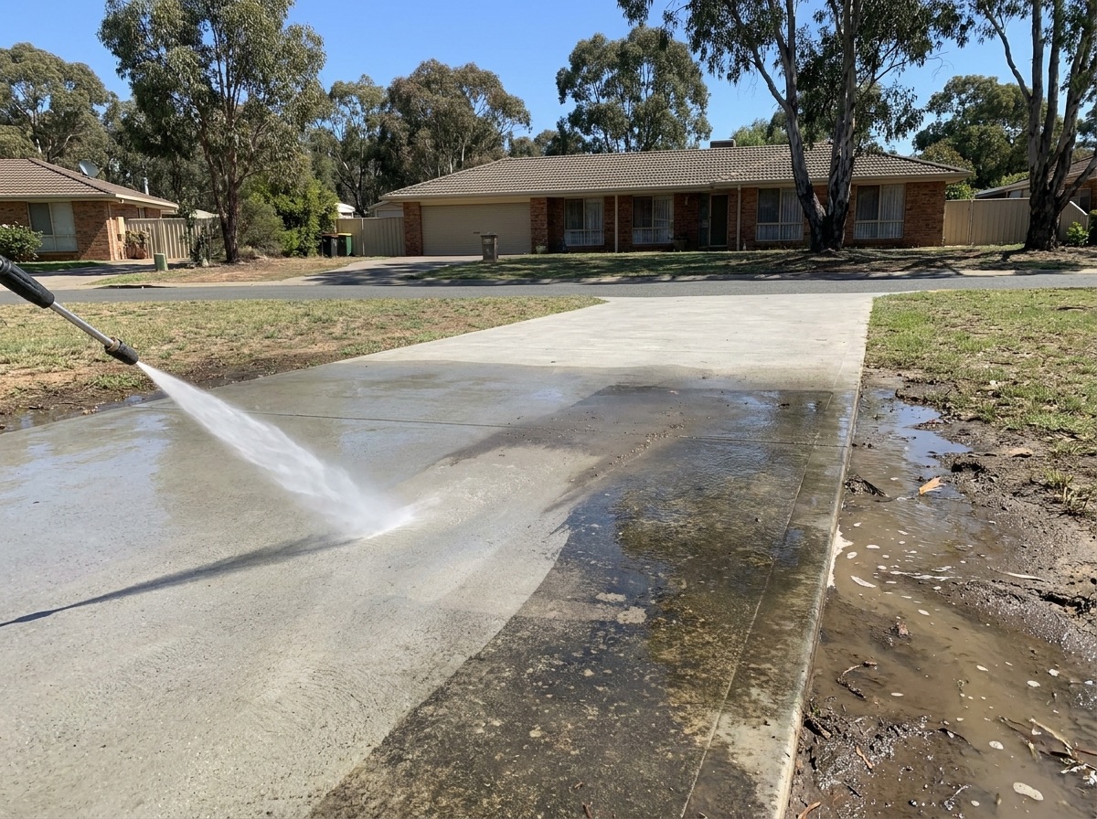 A concrete driveway being washed down with a pressure washer