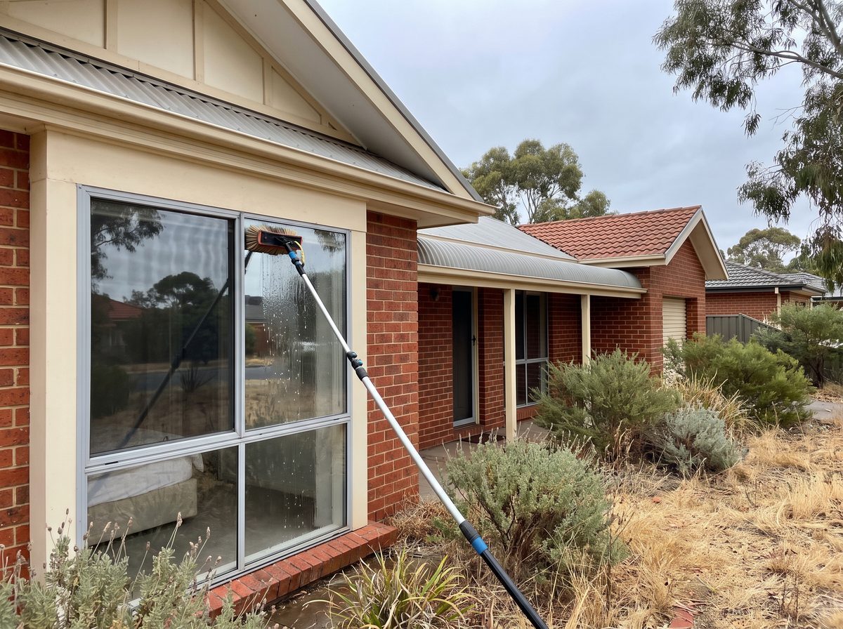 A water-fed pole cleaning an exterior window on a brick home