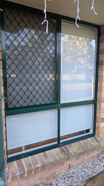 A green-framed window and security screen on a brick wall